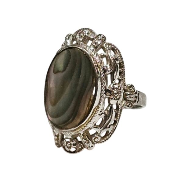 Vintage Uncas Sterling Silver Abalone Ring - Milgrain, Orange Blossom, Size 7 - Picture 2 of 3